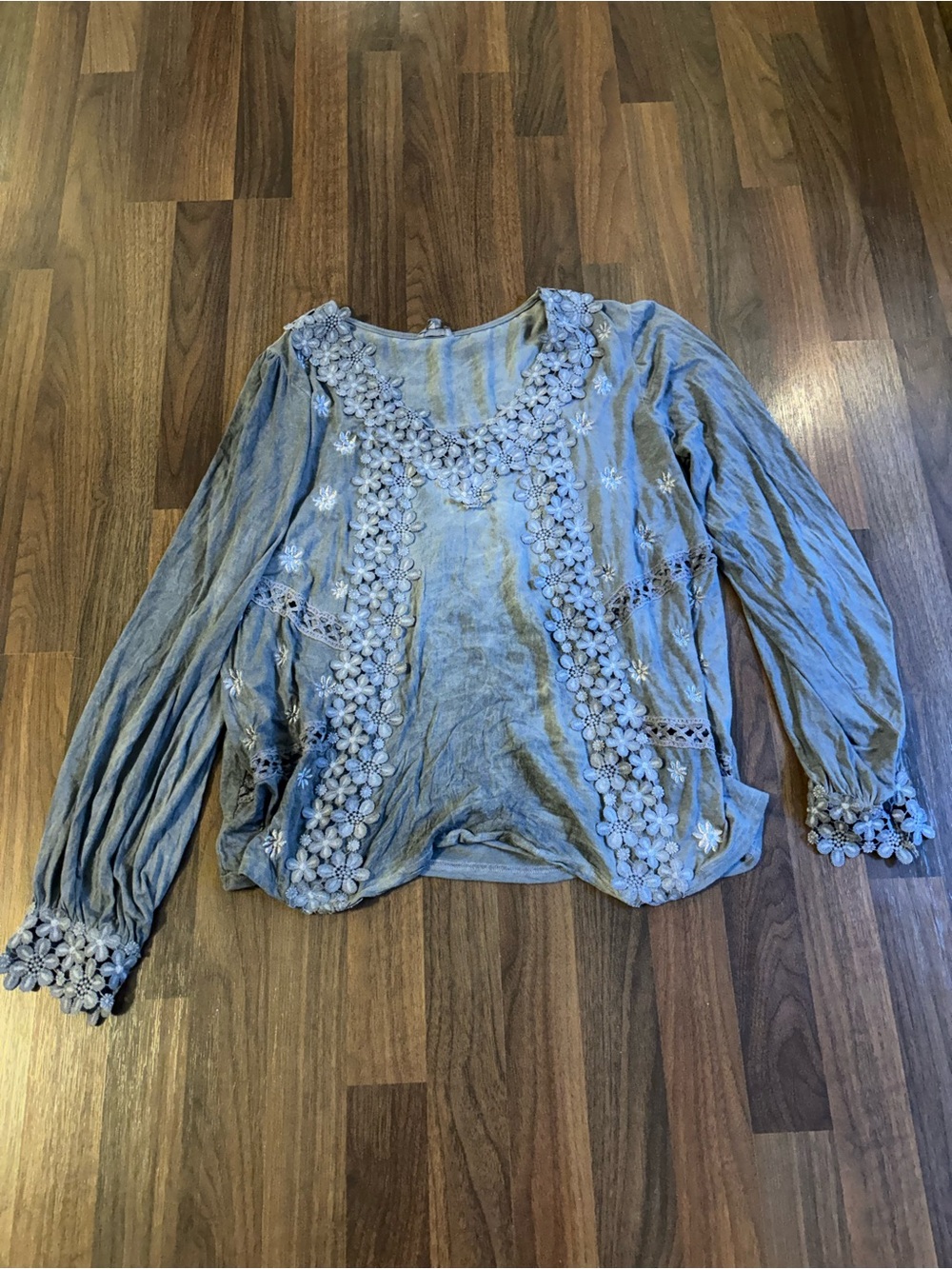 POL Light Blue Floral Appliqué Long-Sleeve Top